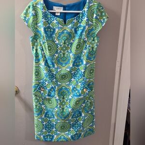 London Style Vibrant Blue & Green Paisley Cap-Sleeve Sheath Dress